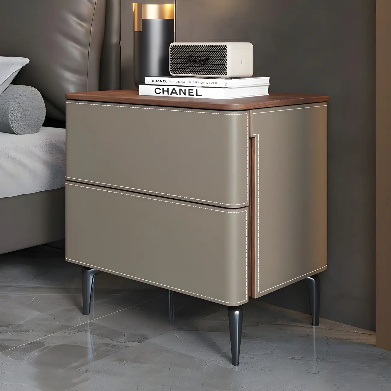Modern Faux Leather Wood Top Drawers Nightstand Image - 35 | homeyfad