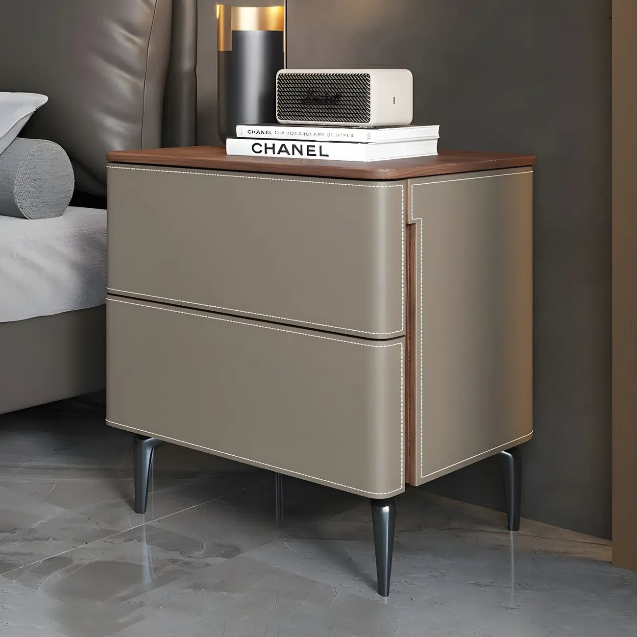 Modern Faux Leather Wood Top Drawers Nightstand Image - 35