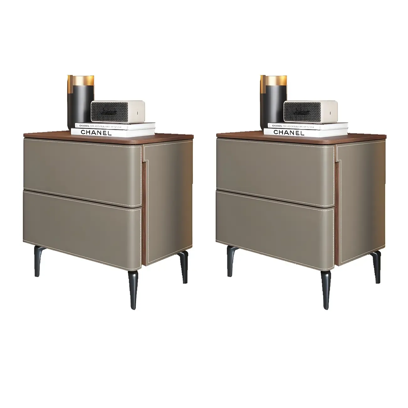 Modern Faux Leather Wood Top Drawers Nightstand Image - 36
