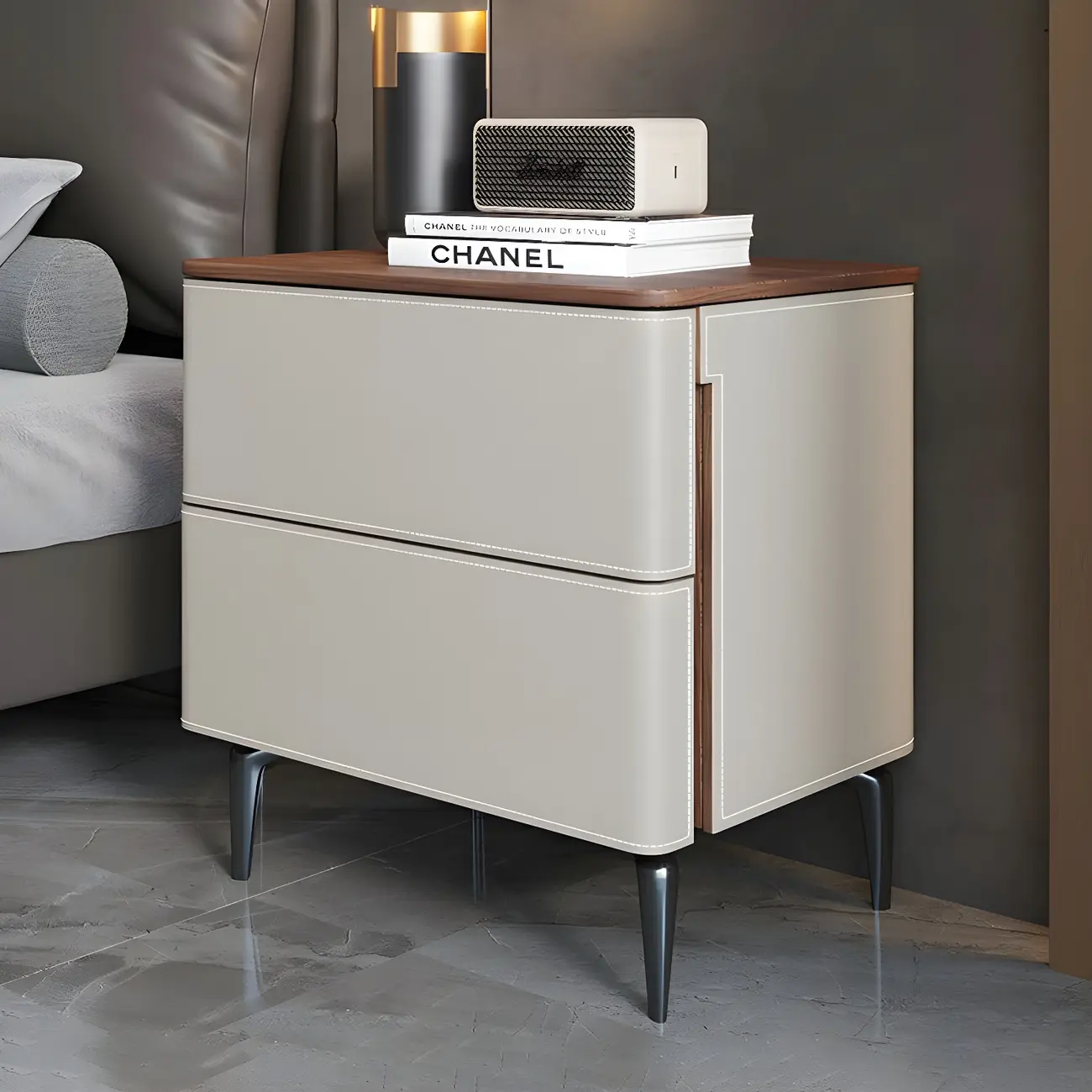 Modern Faux Leather Wood Top Drawers Nightstand Image - 37 | homeyfad