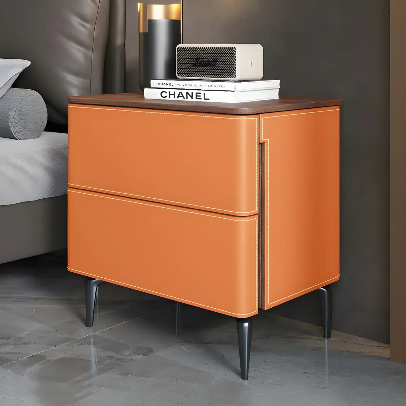 Modern Faux Leather Wood Top Drawers Nightstand Image - 39