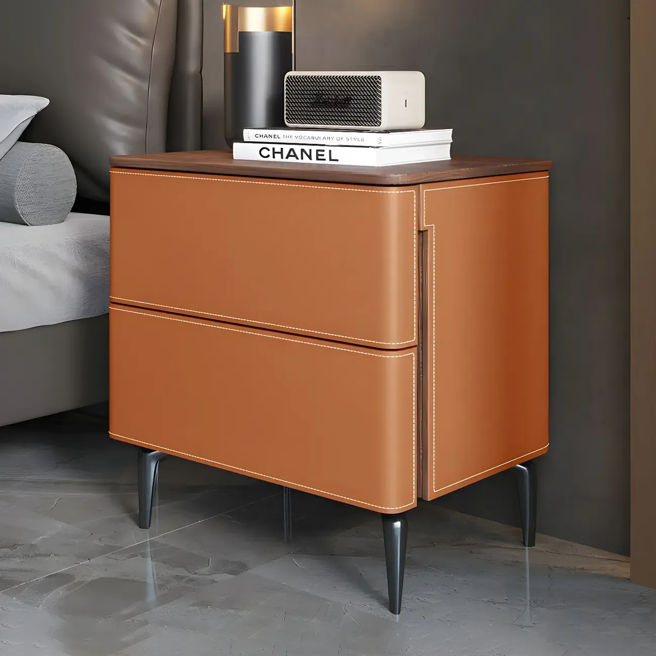 Modern Faux Leather Wood Top Drawers Nightstand Image - 43