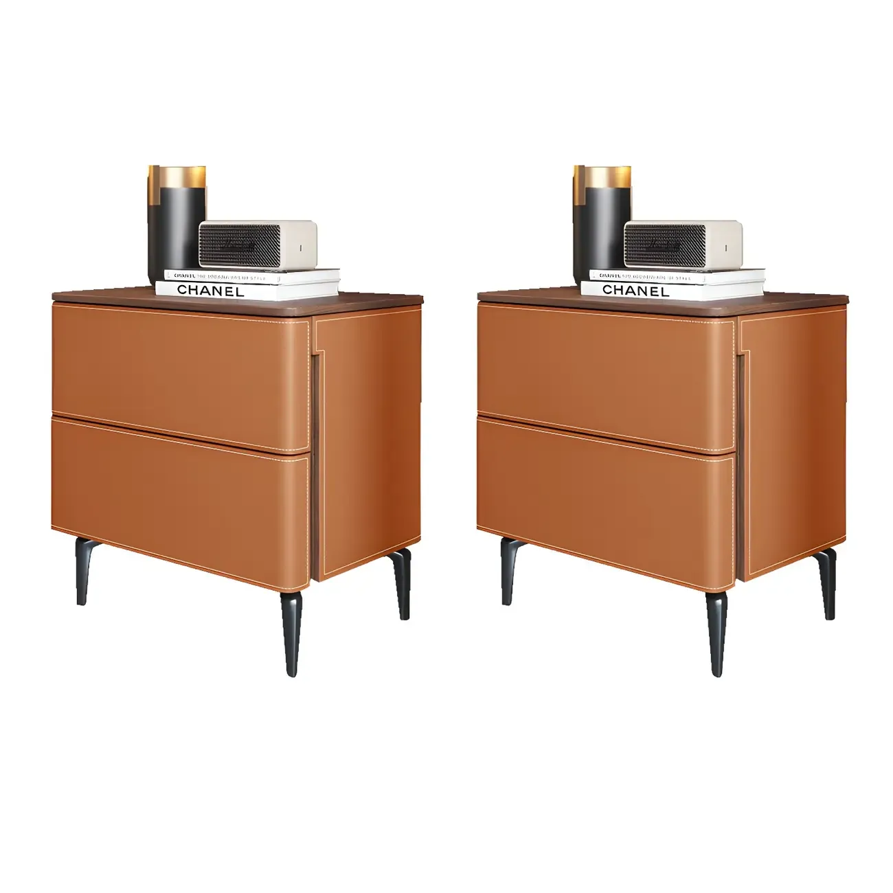 Modern Faux Leather Wood Top Drawers Nightstand Image - 44