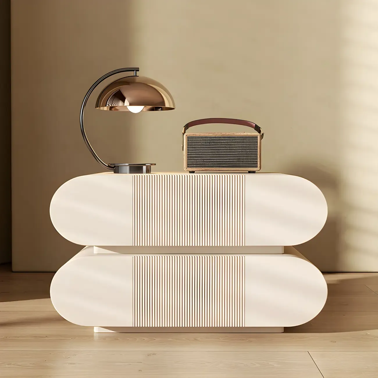 Modern Wood Striped White 2-Drawer Nightstand Image - 3