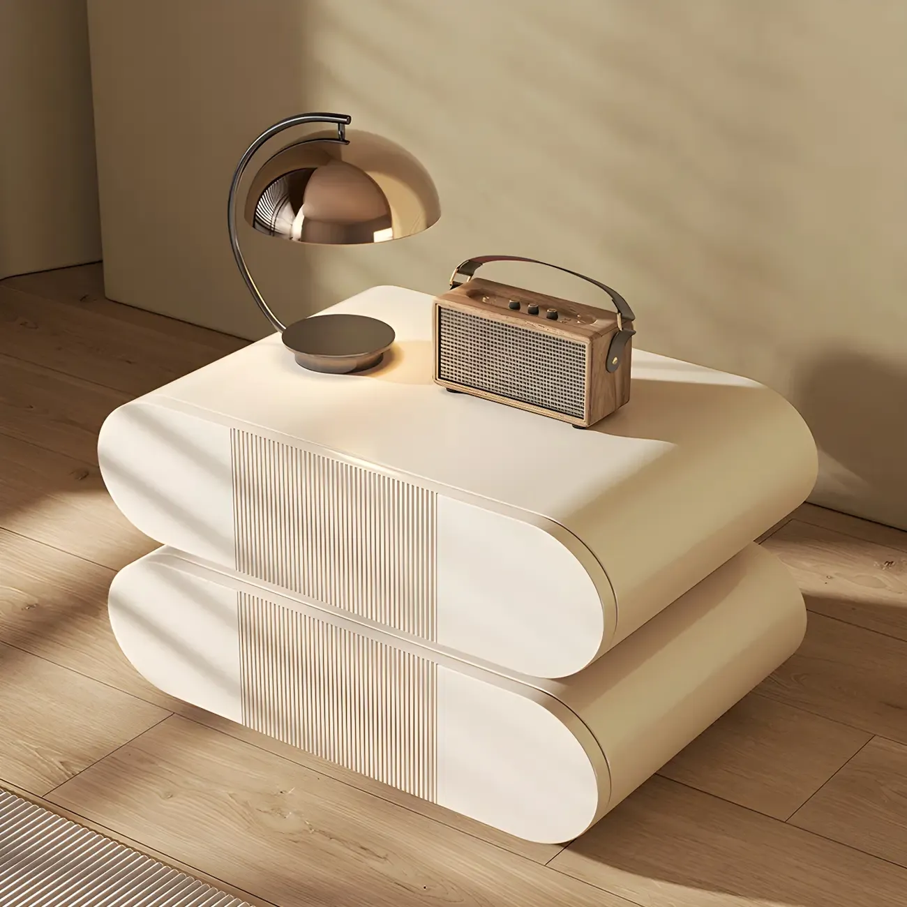 Modern Wood Striped White 2-Drawer Nightstand Image - 2