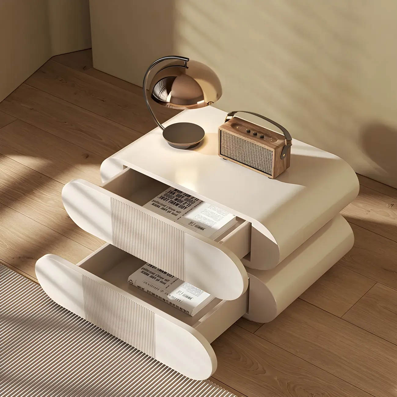 Modern Wood Striped White 2-Drawer Nightstand Image - 6