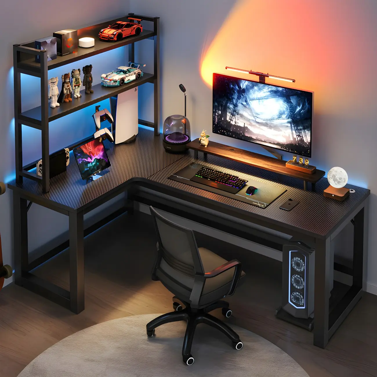 Modern Black Metal L-Shaped Office Computer Desk with Shelves Image - 1 | homeyfad