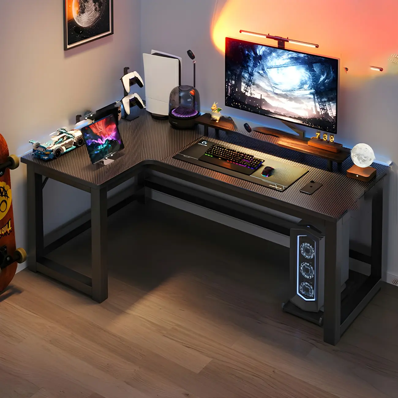 Modern Black Metal L-Shaped Office Computer Desk with Shelves Image - 2 | homeyfad