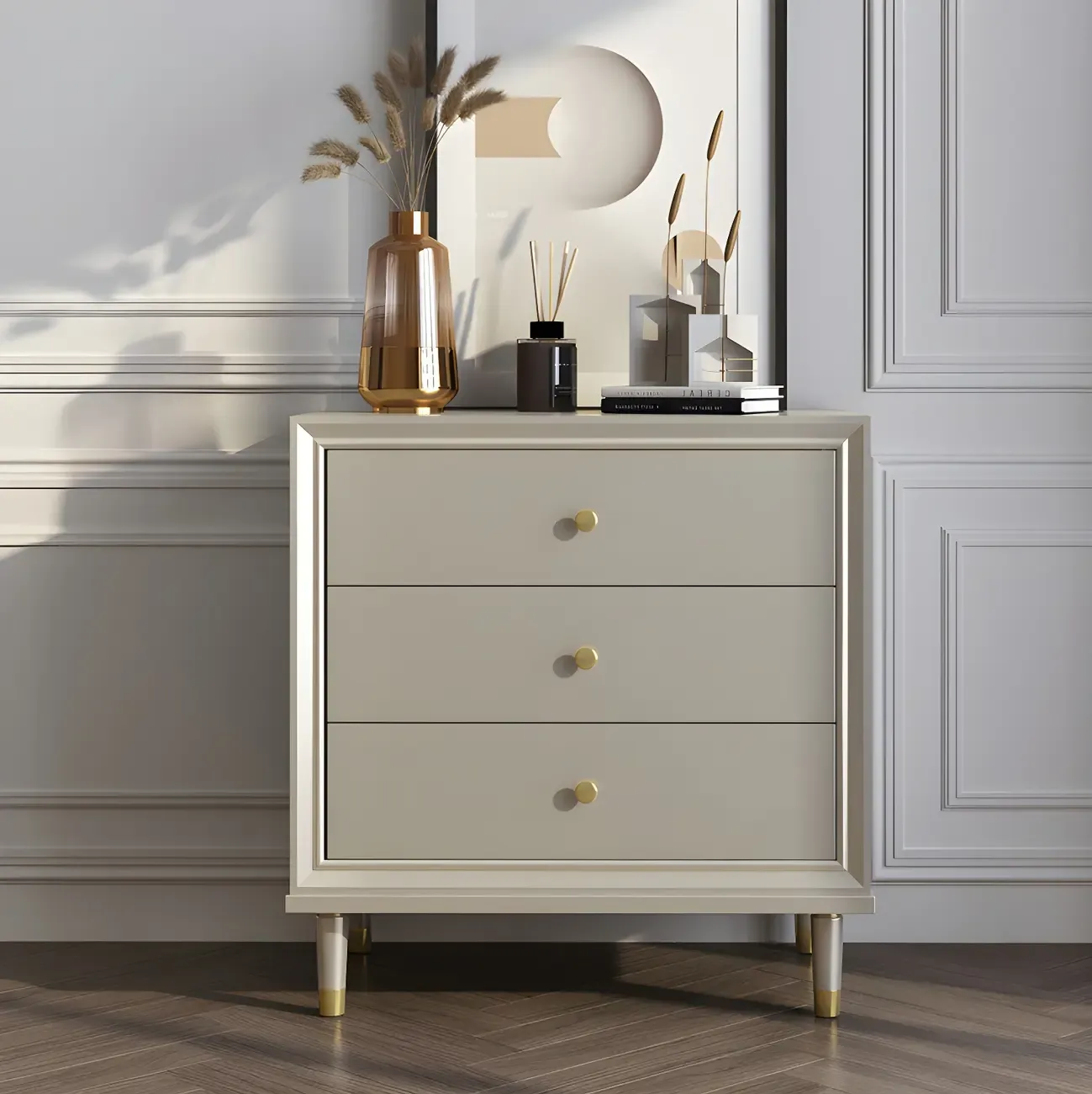Modern Wooden Dresser with Gold Handles for Bedroom Image - 2