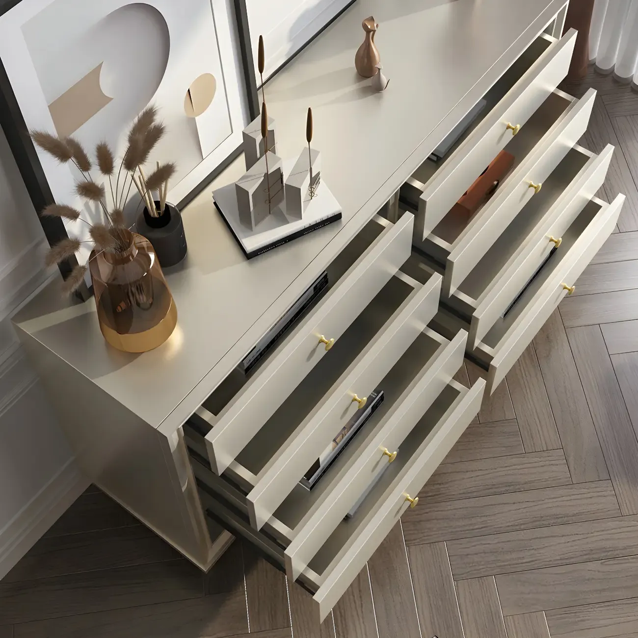 Modern Wooden Dresser with Gold Handles for Bedroom Image - 11