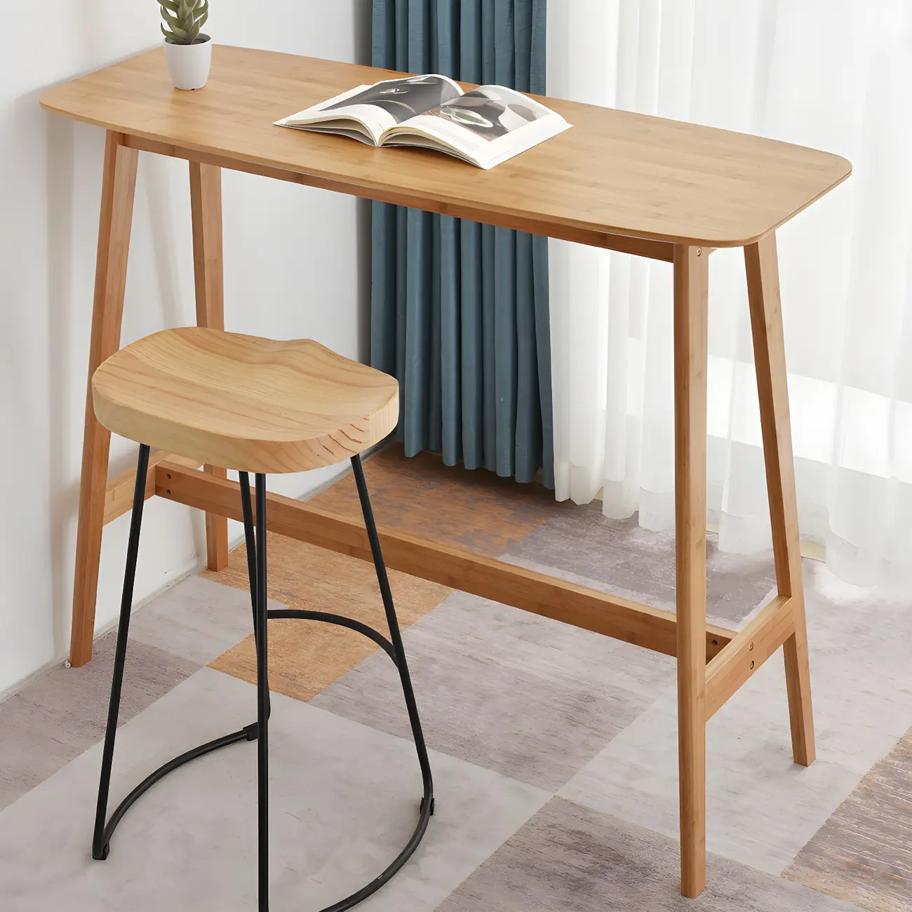 Modern Home Natural Bamboo Trestle Bar Table Image - 5 | homeyfad