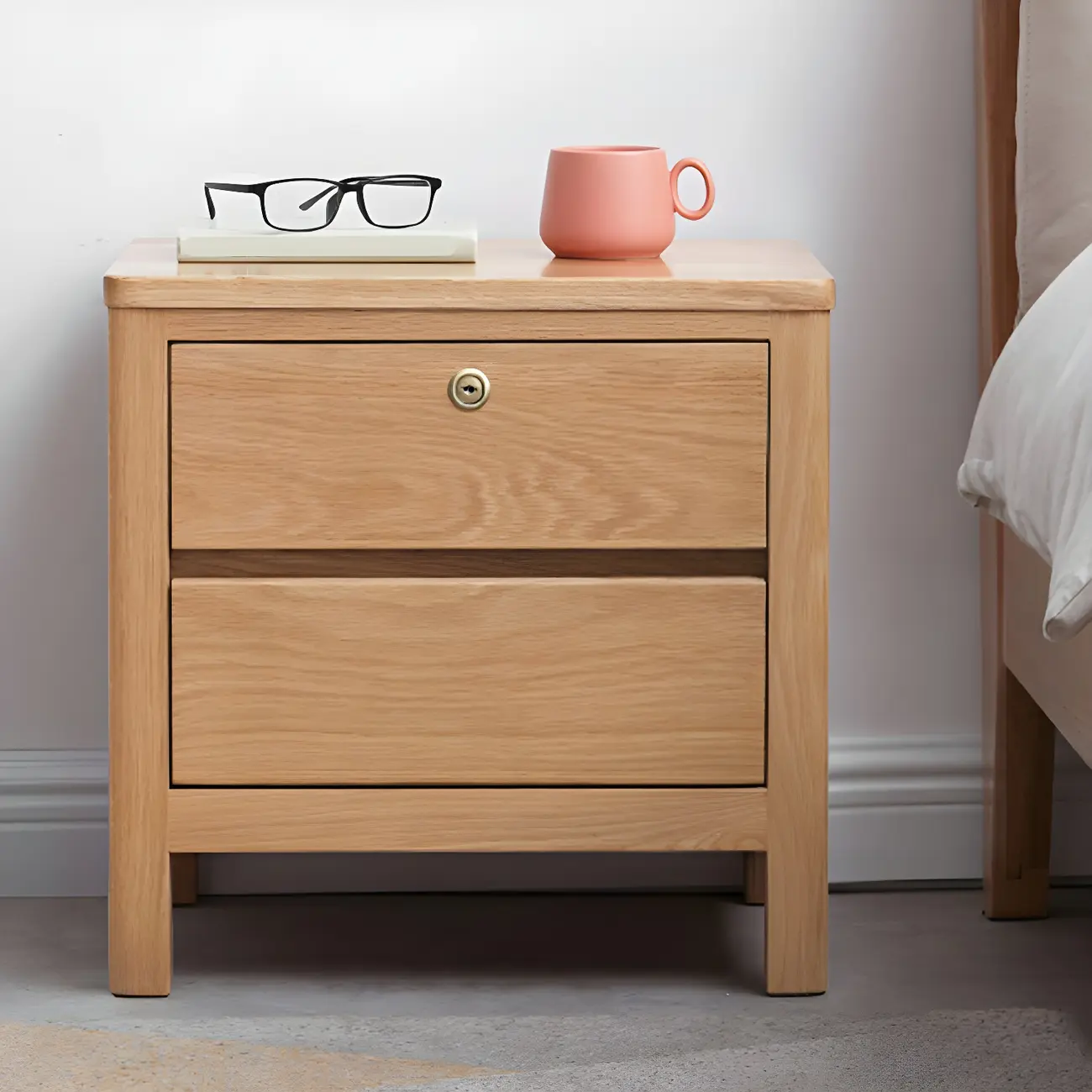 Scandinavian Oak Wood Narrow Locking Nightstand Image - 1 | homeyfad