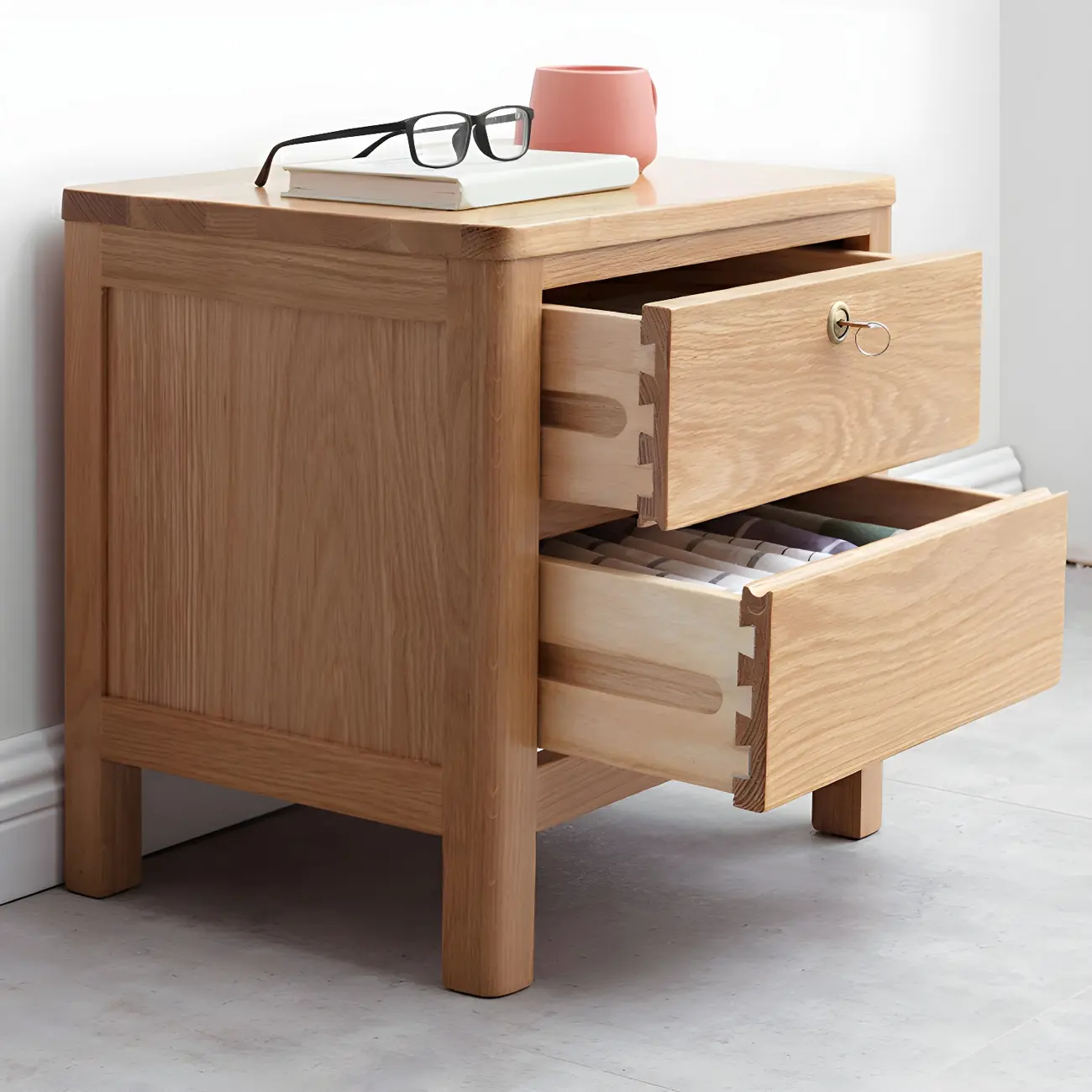 Scandinavian Oak Wood Narrow Locking Nightstand Image - 2 | homeyfad