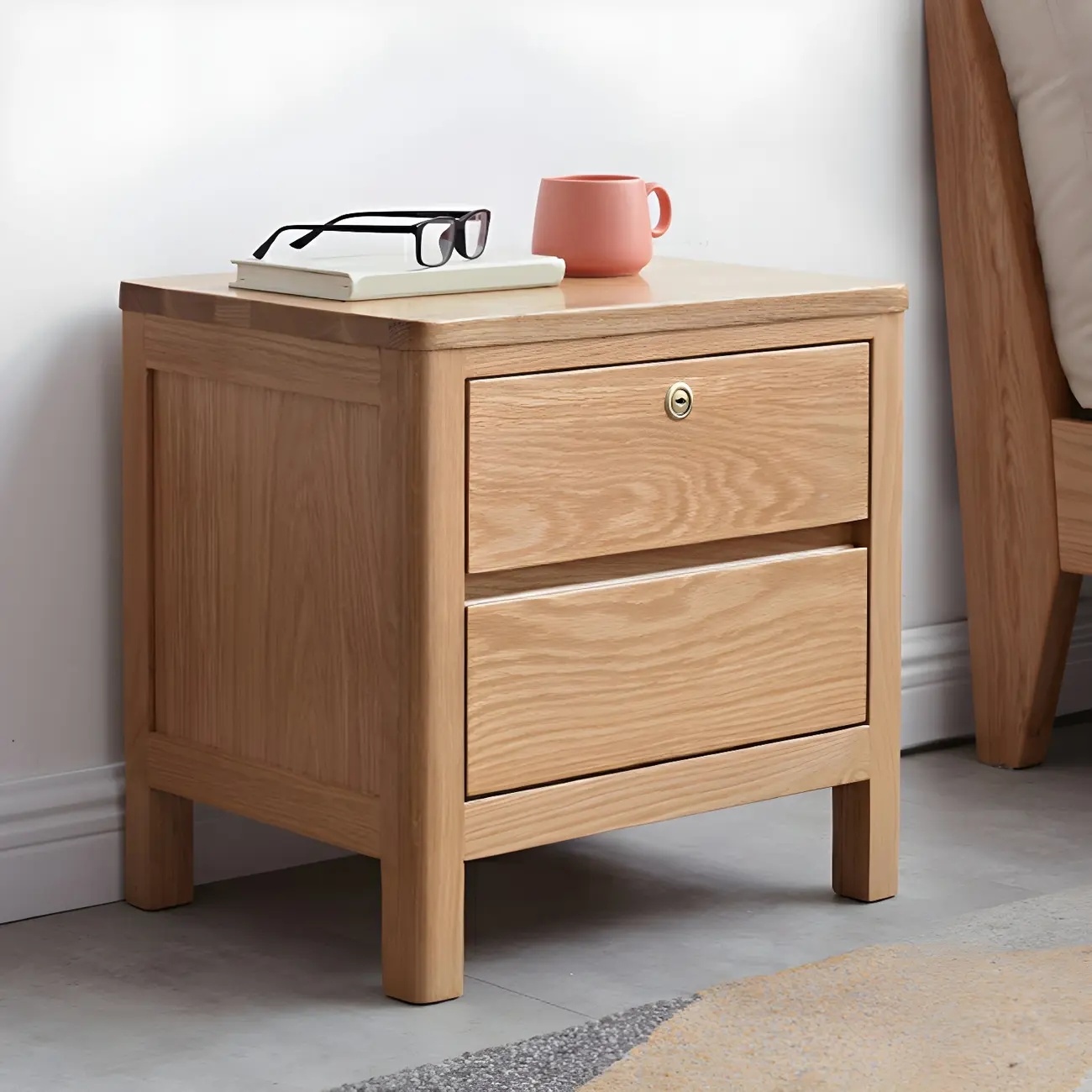 Scandinavian Oak Wood Narrow Locking Nightstand Image - 3 | homeyfad
