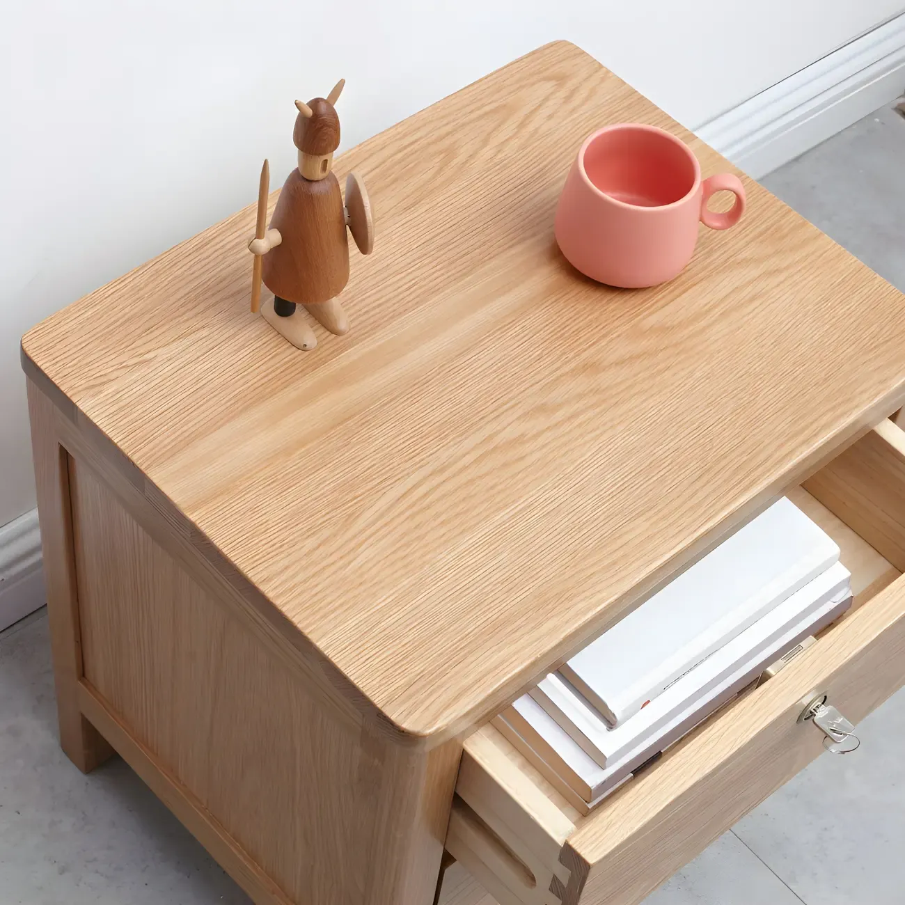 Scandinavian Oak Wood Narrow Locking Nightstand Image - 4