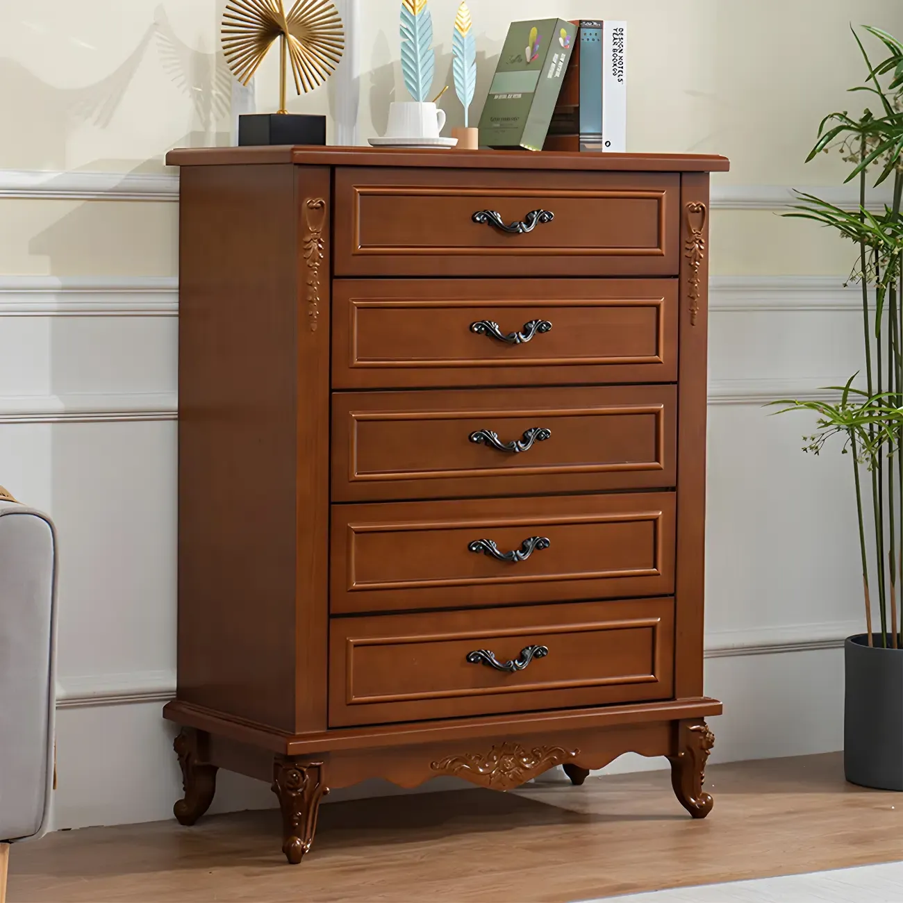 Vintage Wooden Beige Double Dresser with Shelves Image - 15