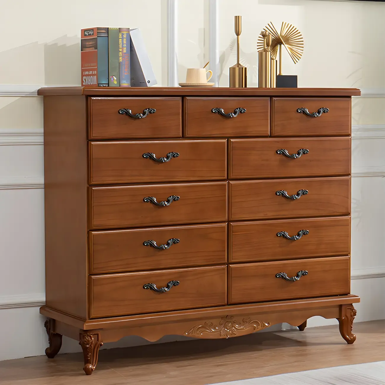 Vintage Wooden Beige Double Dresser with Shelves Image - 18