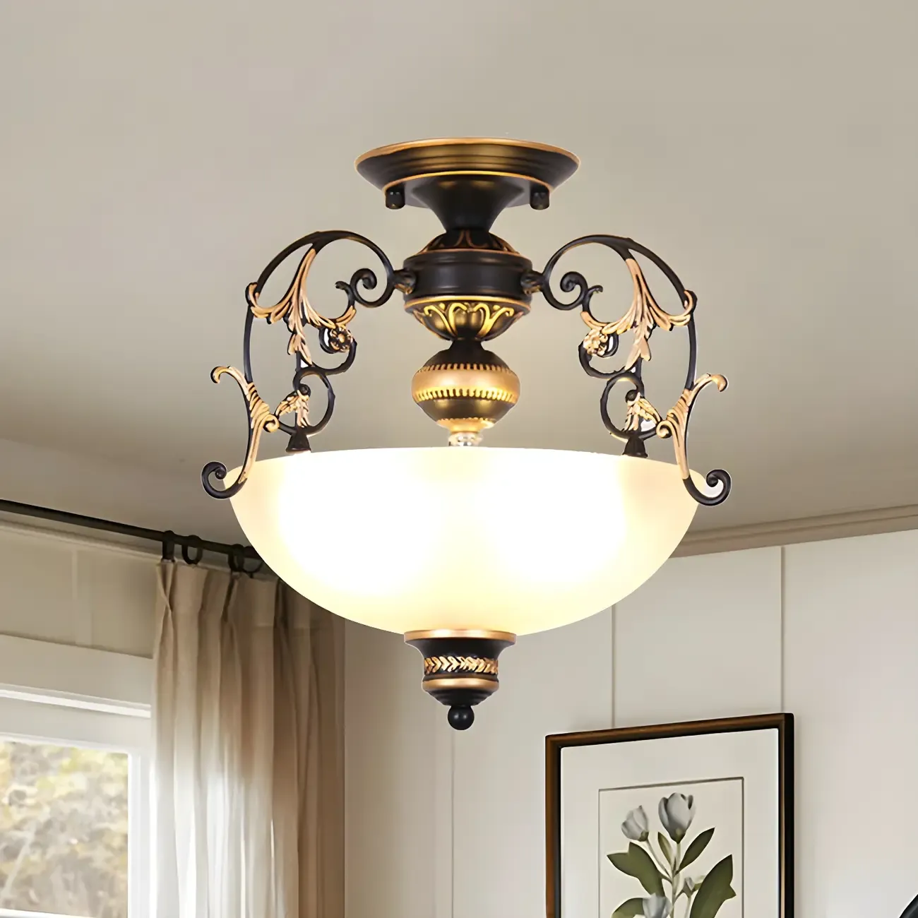 Open-Top Bowl Pathway Ceiling Lamp Antique Opal Glass 3-Light Black Semi Mount Lighting with Swirled Arm Image - 1