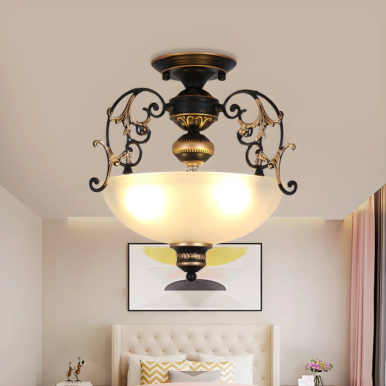 Open-Top Bowl Pathway Ceiling Lamp Antique Opal Glass 3-Light Black Semi Mount Lighting with Swirled Arm Image - 2 | homeyfad
