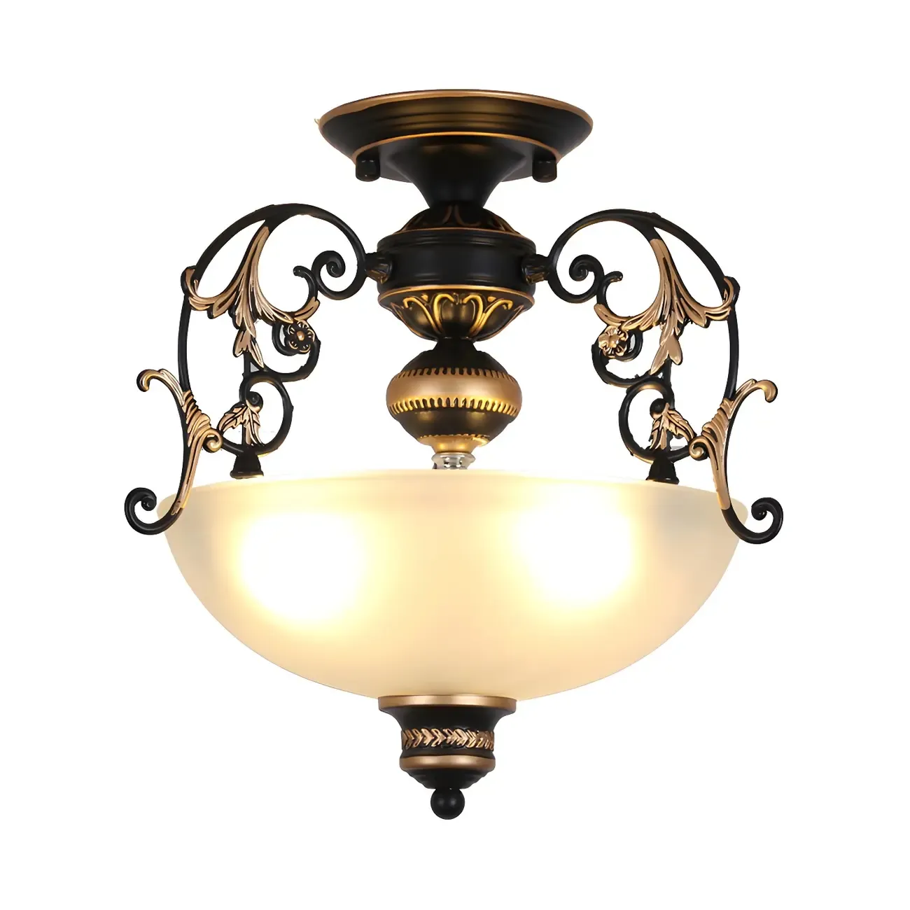 Open-Top Bowl Pathway Ceiling Lamp Antique Opal Glass 3-Light Black Semi Mount Lighting with Swirled Arm Image - 3