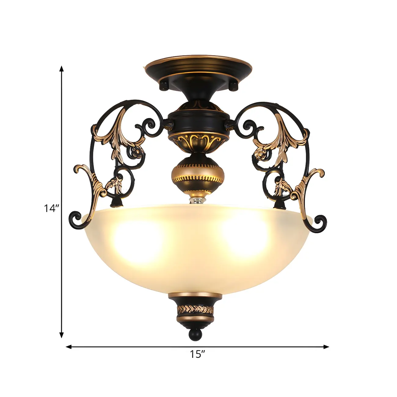 Open-Top Bowl Pathway Ceiling Lamp Antique Opal Glass 3-Light Black Semi Mount Lighting with Swirled Arm Image - 4 | homeyfad