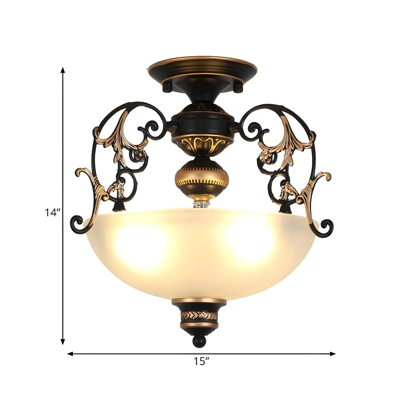 Open-Top Bowl Pathway Ceiling Lamp Antique Opal Glass 3-Light Black Semi Mount Lighting with Swirled Arm Image - 4
