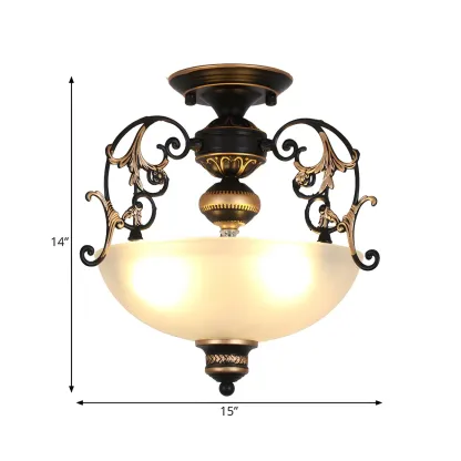 Open-Top Bowl Pathway Ceiling Lamp Antique Opal Glass 3-Light Black Semi Mount Lighting with Swirled Arm Image - 4