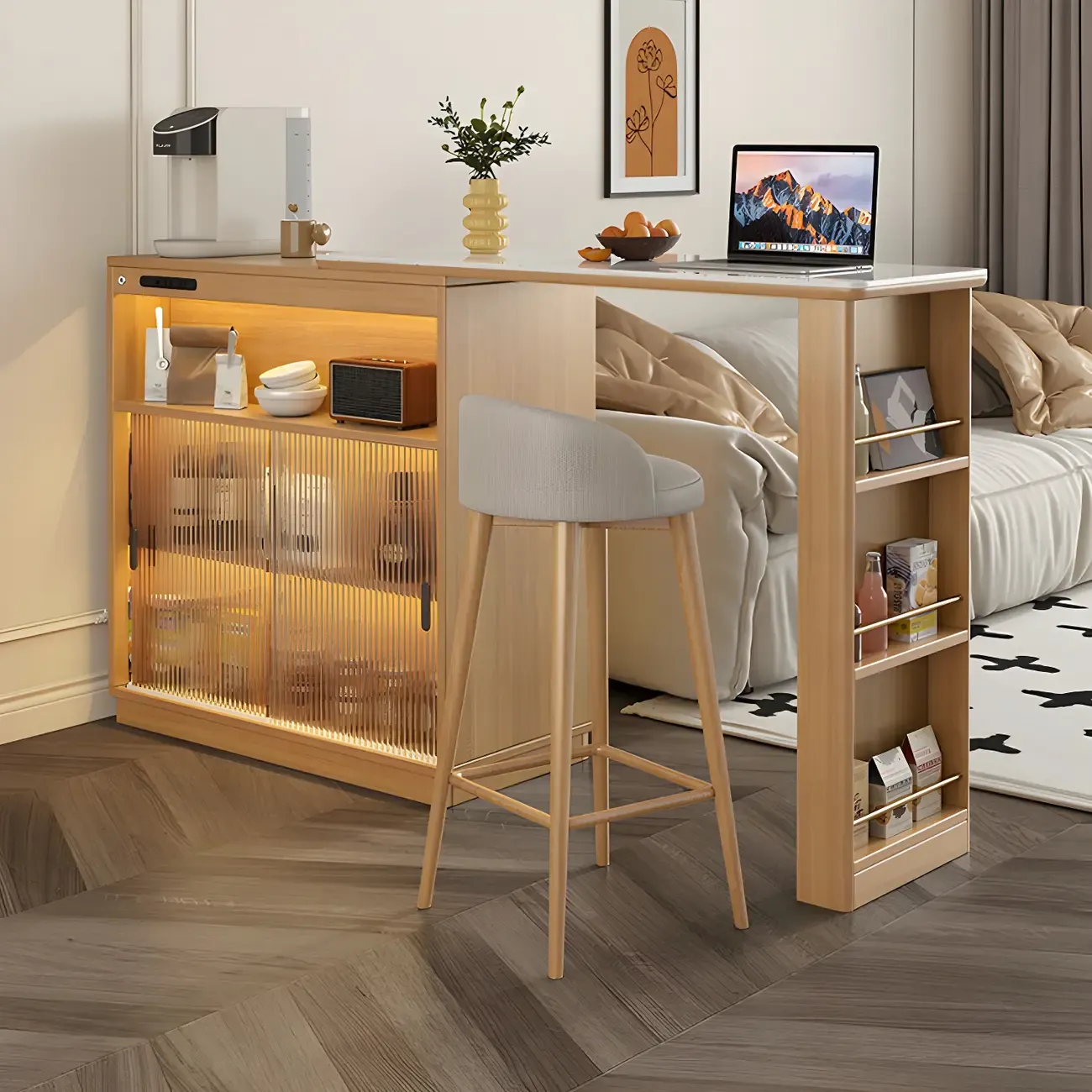 Natural Wood Glass Storage Socket Extendable Bar Tables Image - 1