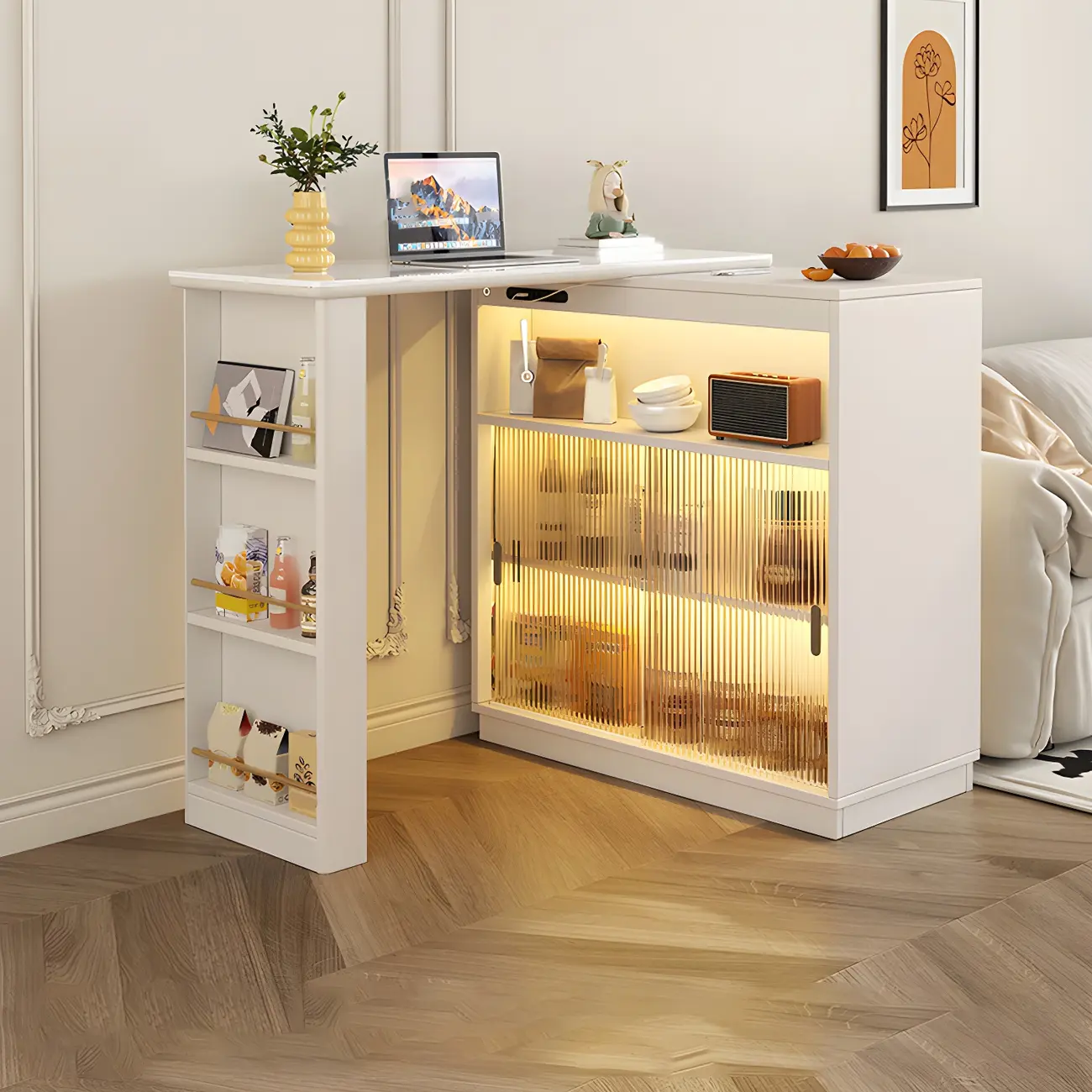 Natural Wood Glass Storage Socket Extendable Bar Tables Image - 2 | homeyfad