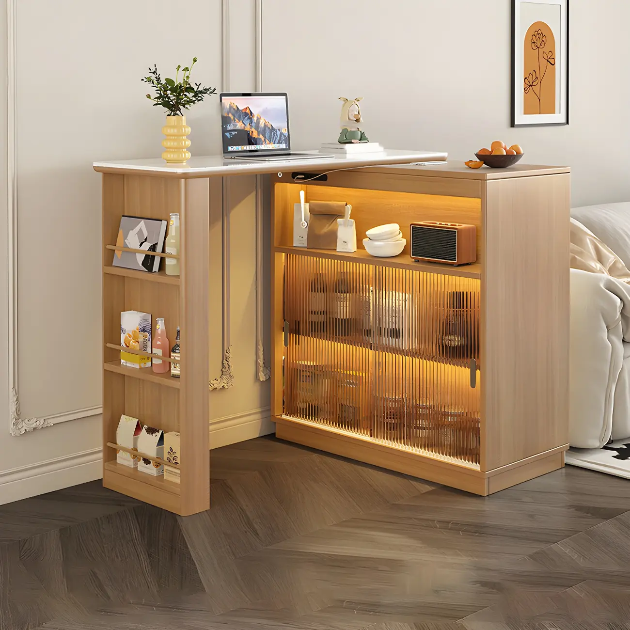 Natural Wood Glass Storage Socket Extendable Bar Tables Image - 3 | homeyfad