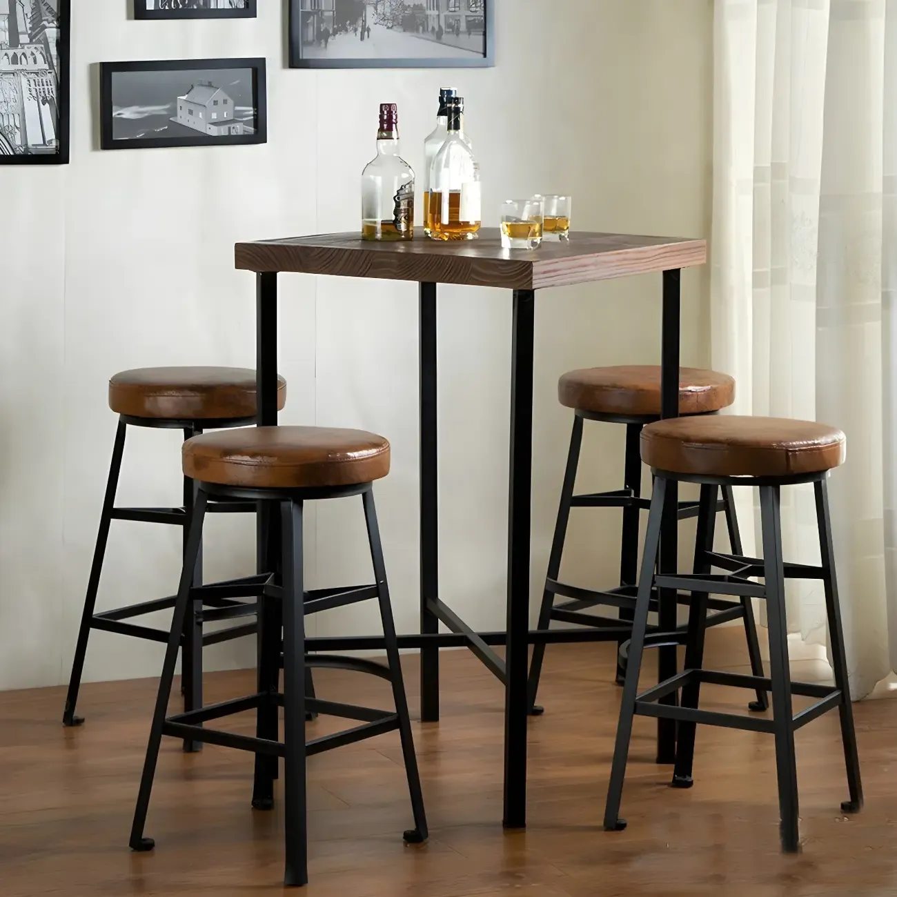 Industrial Square Brown Pine Wood Metal Trestle Bar Tables Image - 1
