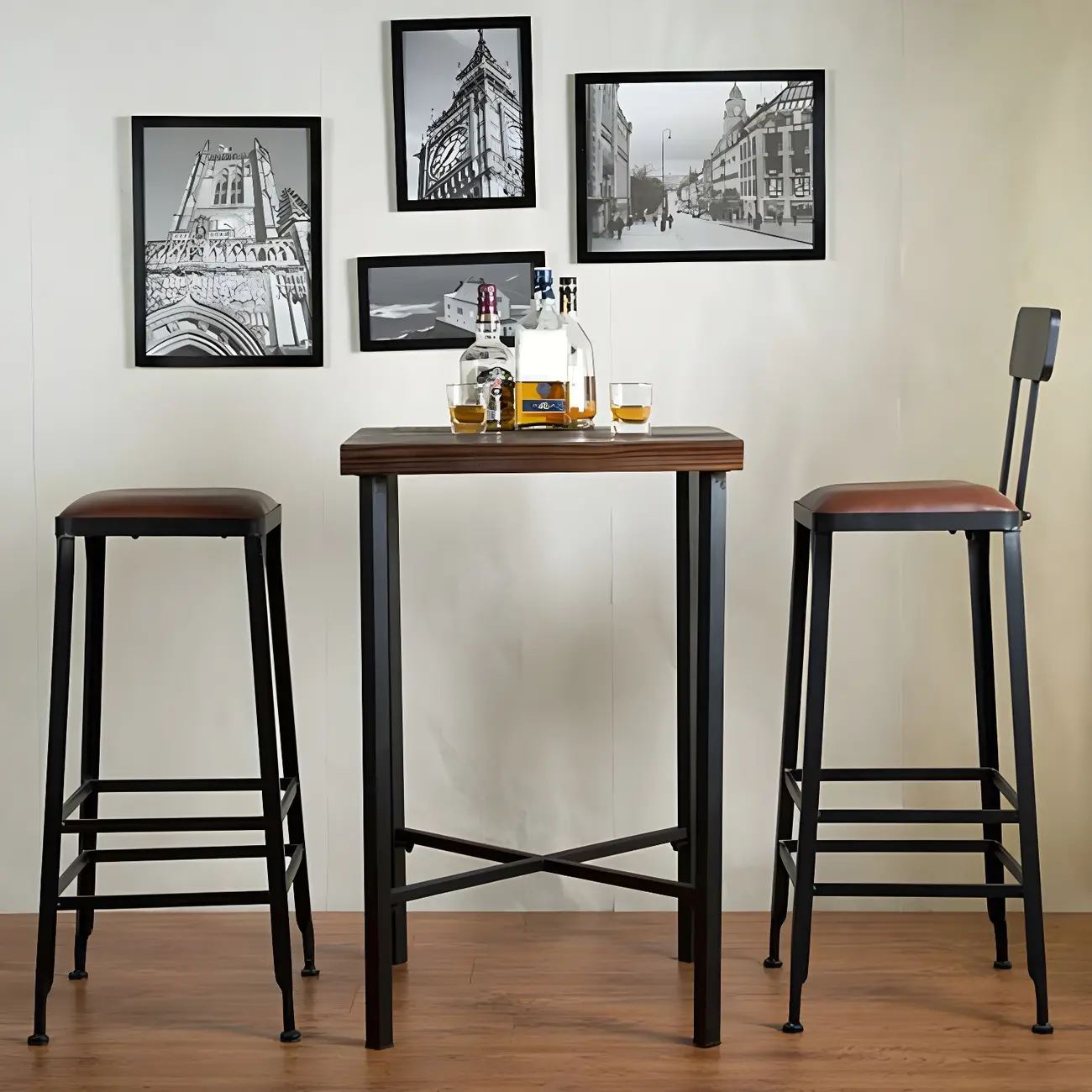 Industrial Square Brown Pine Wood Metal Trestle Bar Tables Image - 2 | homeyfad
