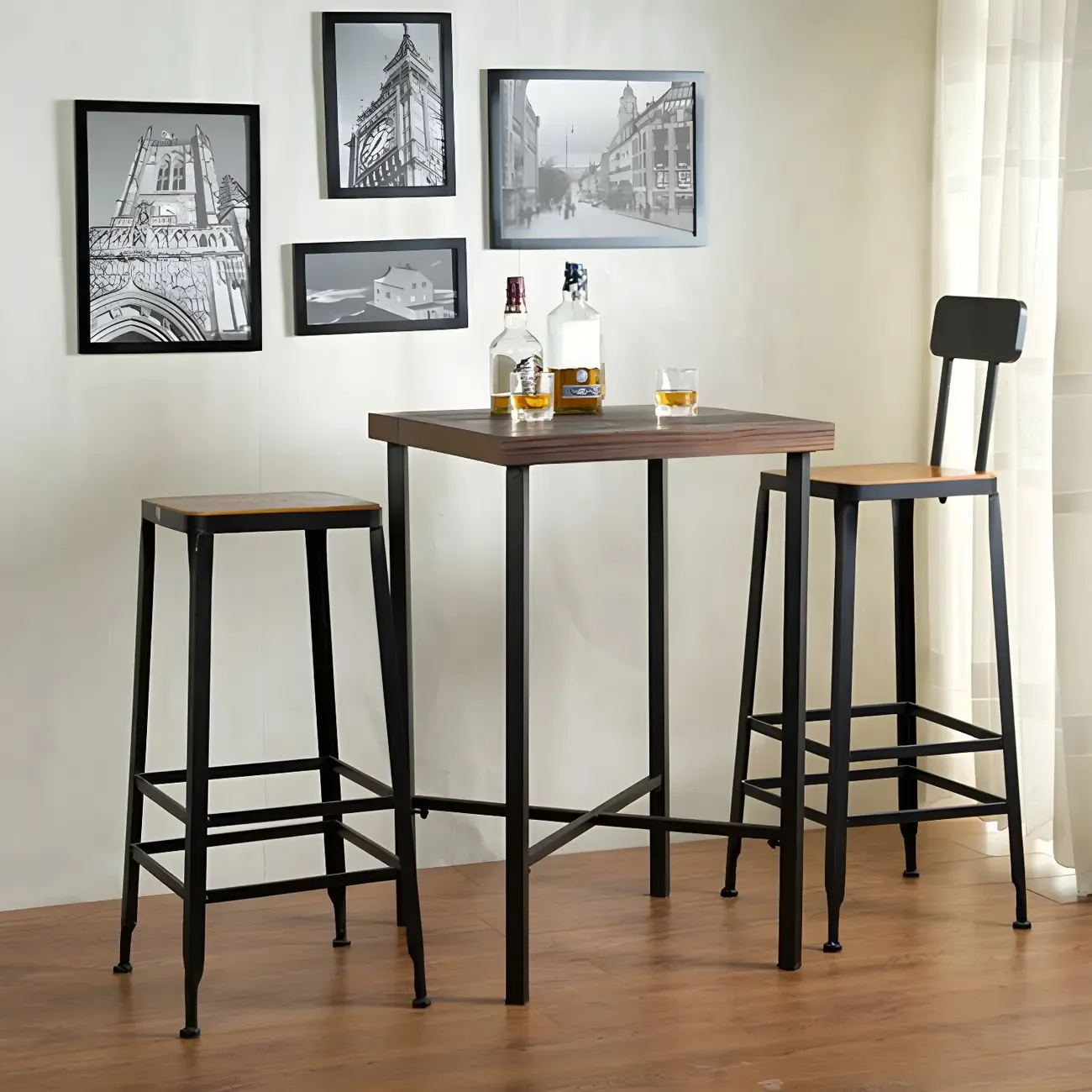 Industrial Square Brown Pine Wood Metal Trestle Bar Tables Image - 3