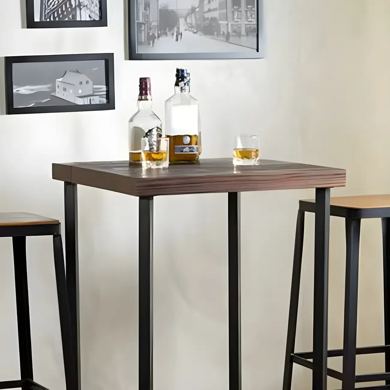 Industrial Square Brown Pine Wood Metal Trestle Bar Tables Image - 4