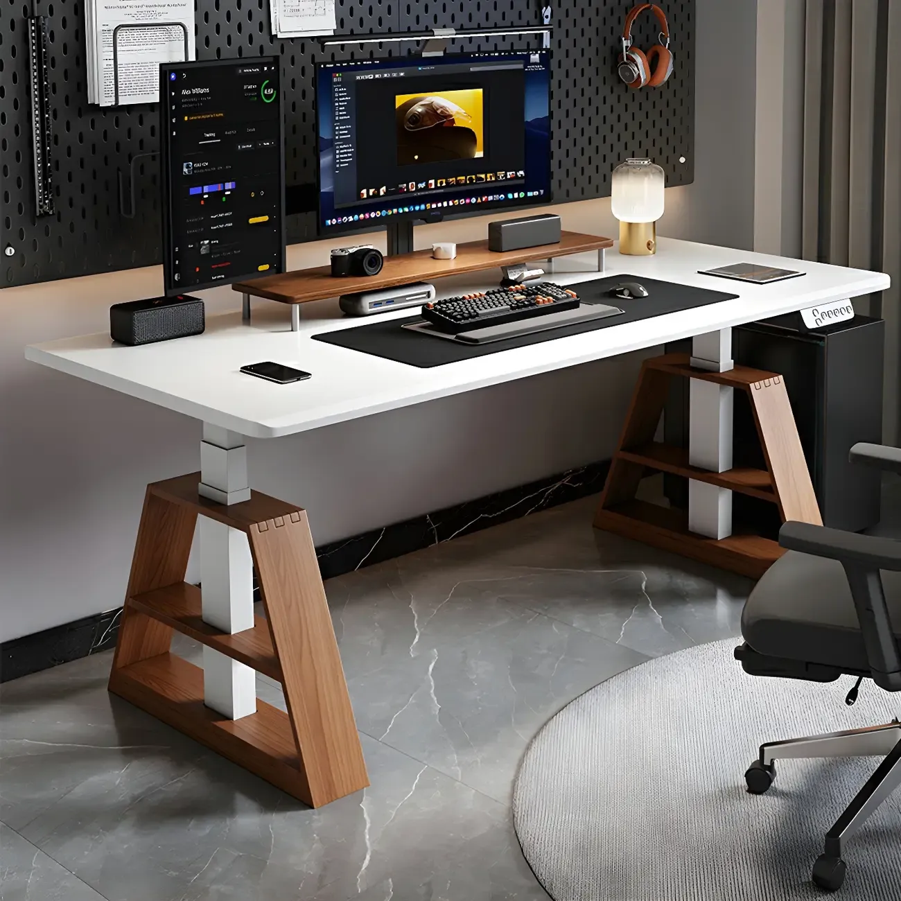 Modern Wooden Height-Adjustable Office Desk with Monitor Stand Image - 1