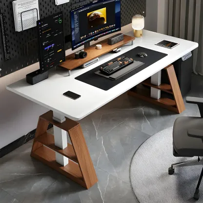 Modern Wooden Height-Adjustable Office Desk with Monitor Stand Image - 2