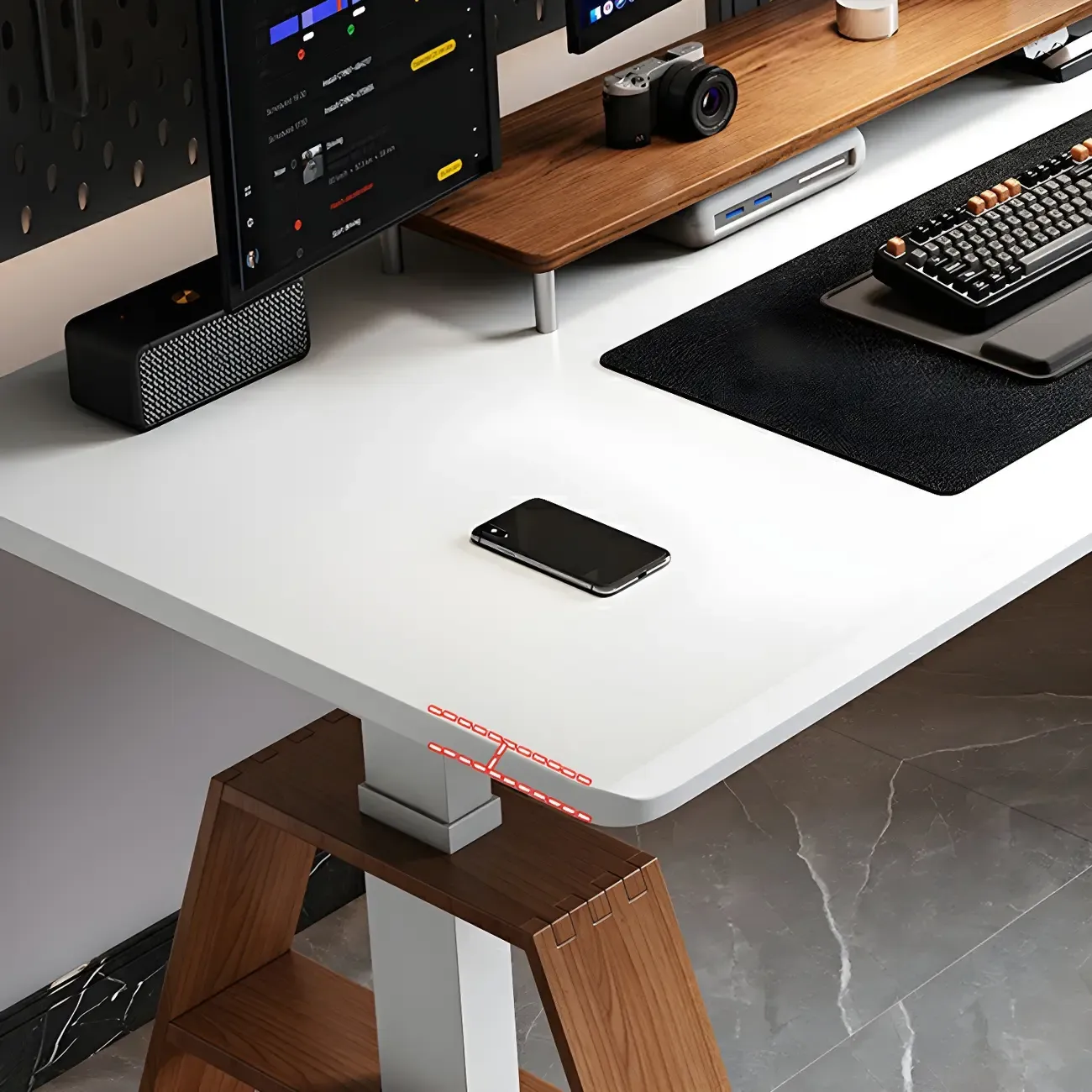 Modern Wooden Height-Adjustable Office Desk with Monitor Stand Image - 3