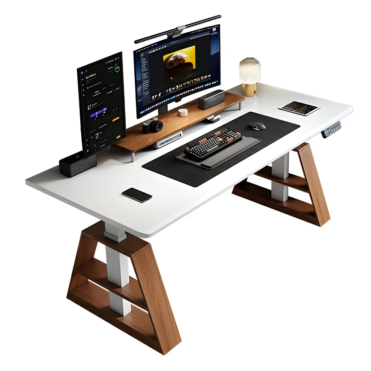 Modern Wooden Height-Adjustable Office Desk with Monitor Stand Image - 5 | homeyfad