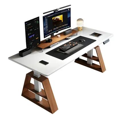 Modern Wooden Height-Adjustable Office Desk with Monitor Stand Image - 5