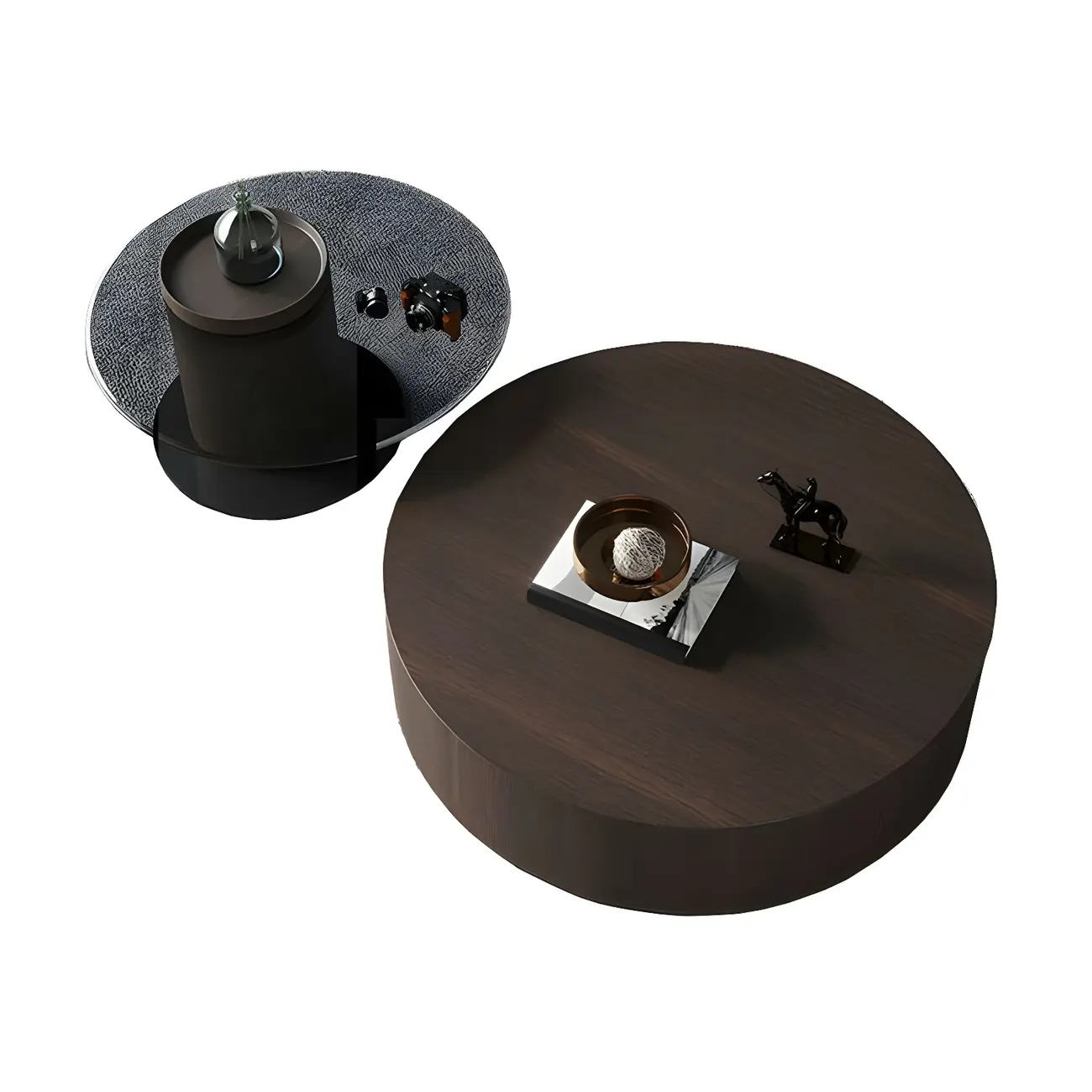 Dark Modern Nesting Round Wood Drawer Coffee Table Image - 7 | homeyfad