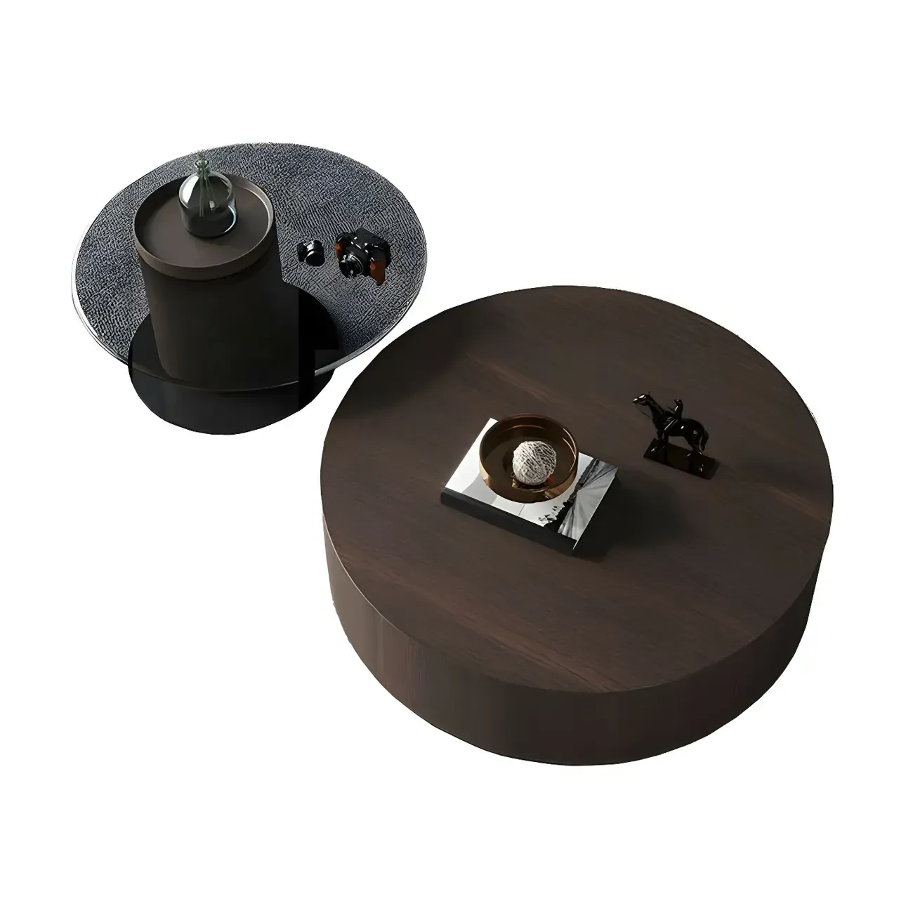 Dark Modern Nesting Round Wood Drawer Coffee Table Image - 7