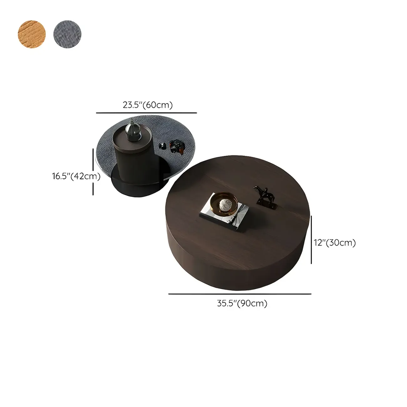 Dark Modern Nesting Round Wood Drawer Coffee Table #size