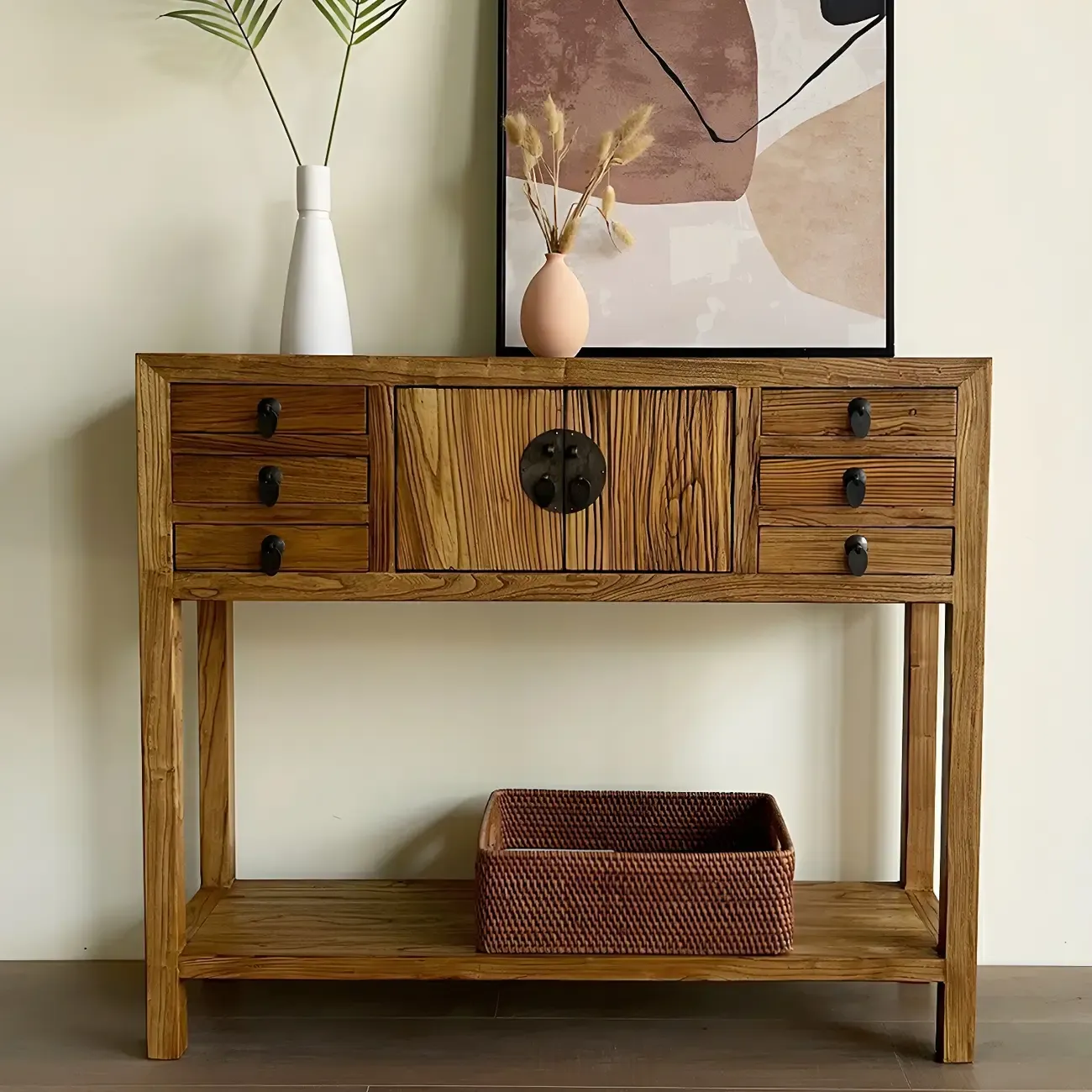 Rustic Wood Floor Shelf Console Table with Drawers Image - 1