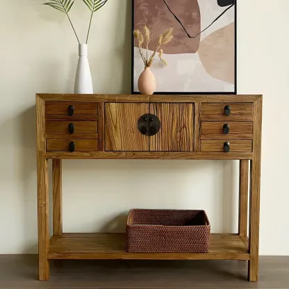 Rustic Wood Floor Shelf Console Table with Drawers Image - 1