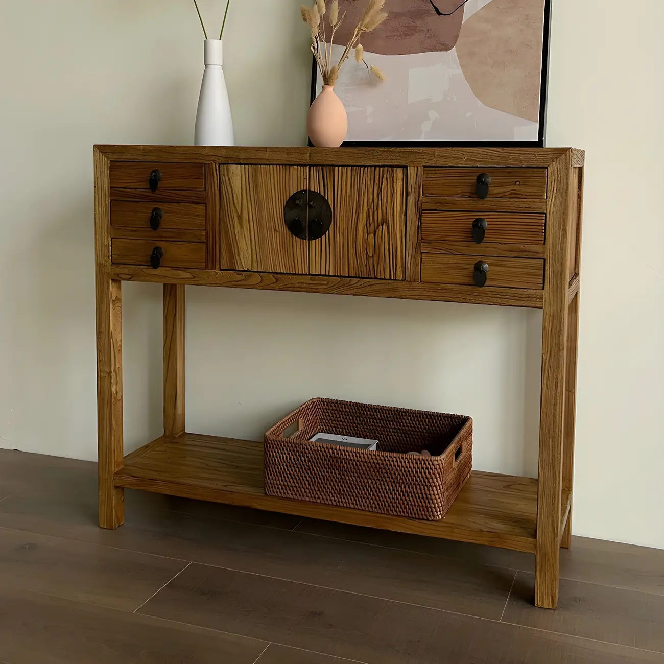 Rustic Wood Floor Shelf Console Table with Drawers Image - 3 | homeyfad