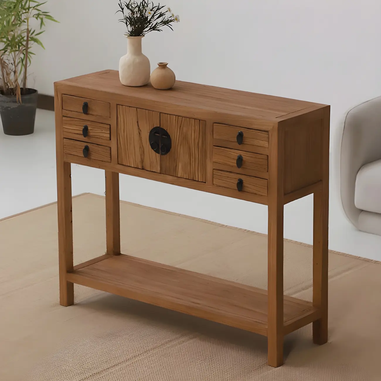 Rustic Wood Floor Shelf Console Table with Drawers Image - 5 | homeyfad