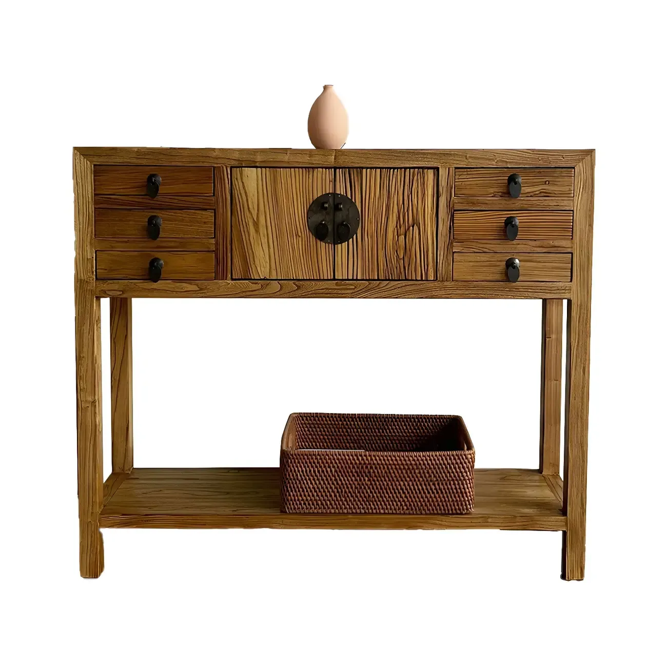 Rustic Wood Floor Shelf Console Table with Drawers Image - 6