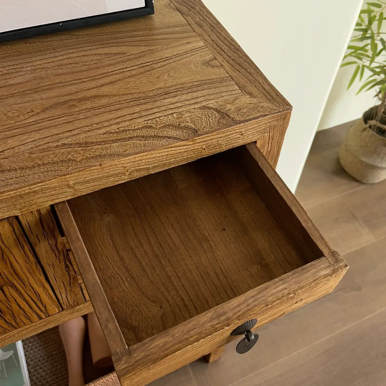 Rustic Wood Floor Shelf Console Table with Drawers Image - 7