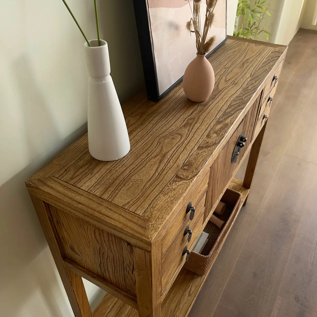 Rustic Wood Floor Shelf Console Table with Drawers Image - 9 | homeyfad