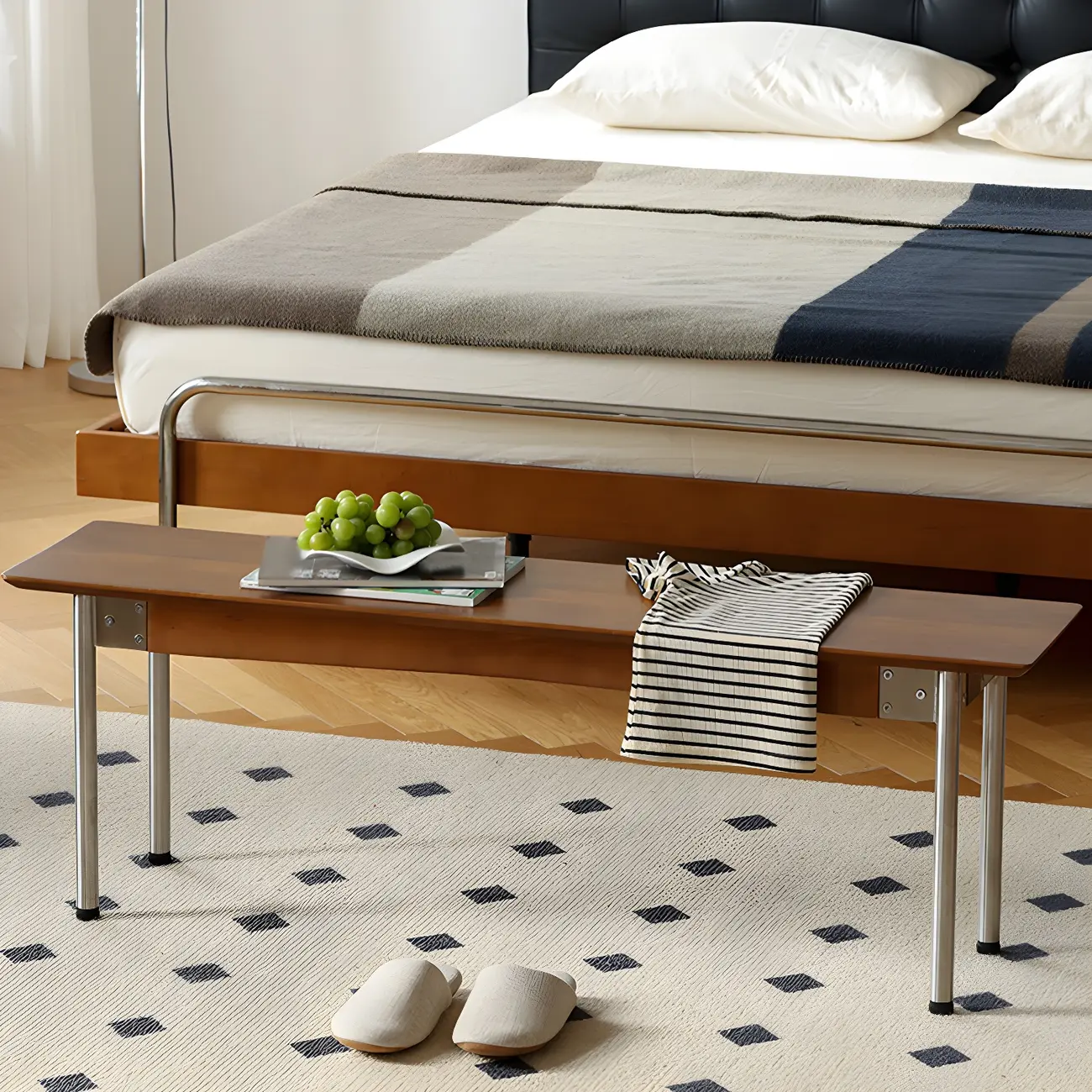 Scandinavian Long Brown Wooden Bedroom Bench Image - 1 | homeyfad